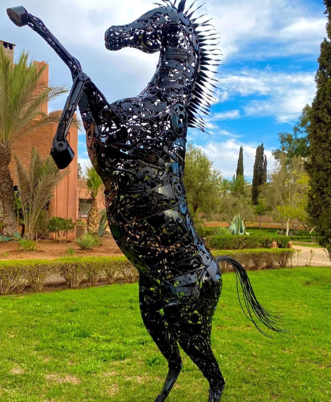 Steigerend paard zwart in tuin