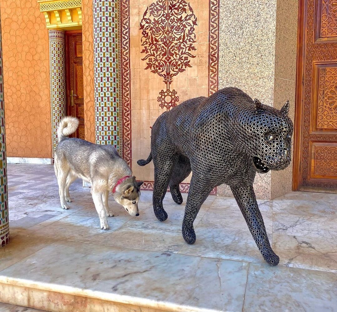 Panter sculptuur met hond